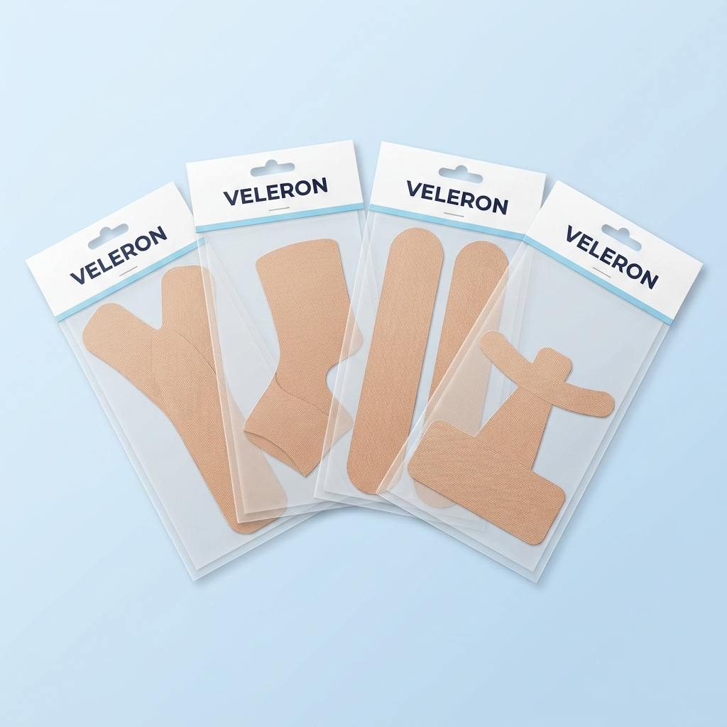 Vier VELERON Packungen mit allen Tape-Formen